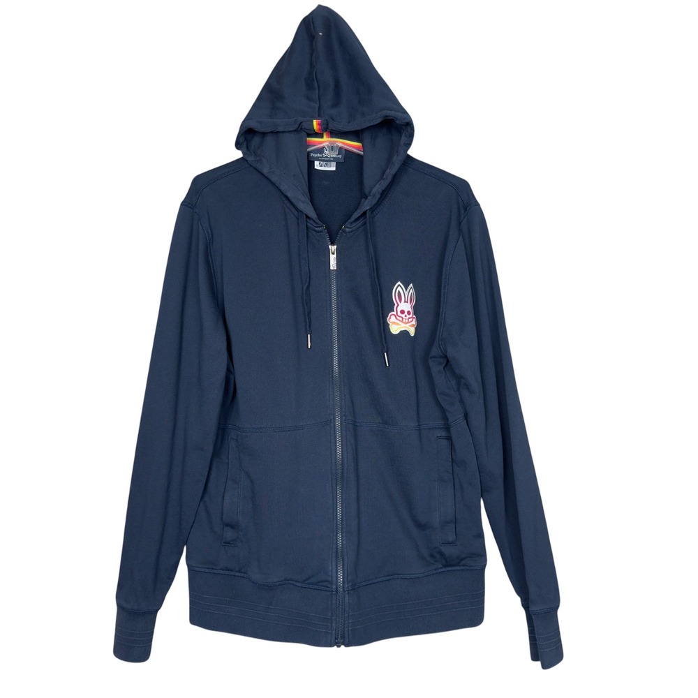 Psycho Bunny Full Zip Hoodie Mens L Navy Blue Neon Gradient Logo Heavy Weight - Picture 2 of 9